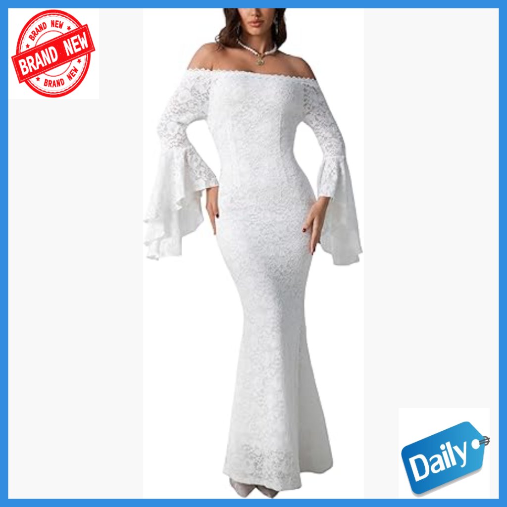 Off Shoulder Floral Lace Maxi Wedding Dress Long Sleeve Mermaid Gown